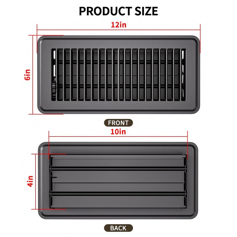 FanGoFast 4"" x 10"" (Duct Opening Size) Floor Register Dark Gray 6 Pack Premium Steel Easy Adjust Floor Vent Cover for Home - Image 2